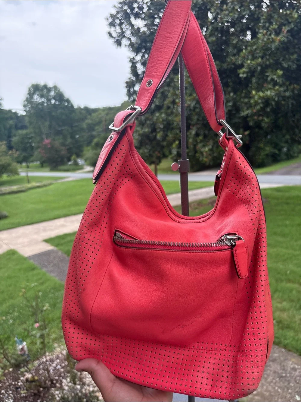 Coach Red Perforated Leather Shoulder Hobo